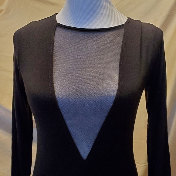 Mystylemode Black V-Neck Mesh Bodycon Midi Dress SZ Medium - Picture 2 of 7